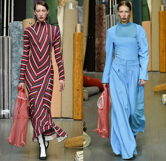 Richard Malone 2018-2019 Fall Autumn Winter Womens Runway Catwalk Looks - London Fashion Week Collections UK - Batwing Oversized Outerwear Coat Long Sleeve Blouse Shirt Knit Leg O'Mutton Sleeves Cutout Shoulders Dovetail Mullet Hem Wool Plaid Tartan Check Grid Houndstooth Fringes Tweed Sculptural Flower Bud Petal Hem Stripes Rectangular Neck Silk Satin Wide Leg Trousers Palazzo Pants Maxi Dress Curved Waist Chain Metal Ball Boots Handmaid Hat Bonnet Fishnet Tote Bag