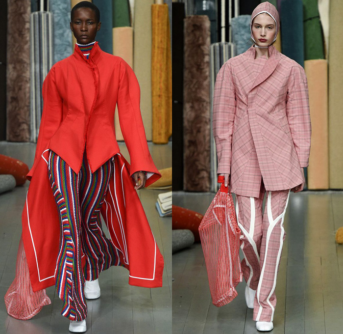 Richard Malone 2018-2019 Fall Autumn Winter Womens Runway Catwalk Looks - London Fashion Week Collections UK - Batwing Oversized Outerwear Coat Long Sleeve Blouse Shirt Knit Leg O'Mutton Sleeves Cutout Shoulders Dovetail Mullet Hem Wool Plaid Tartan Check Grid Houndstooth Fringes Tweed Sculptural Flower Bud Petal Hem Stripes Rectangular Neck Silk Satin Wide Leg Trousers Palazzo Pants Maxi Dress Curved Waist Chain Metal Ball Boots Handmaid Hat Bonnet Fishnet Tote Bag