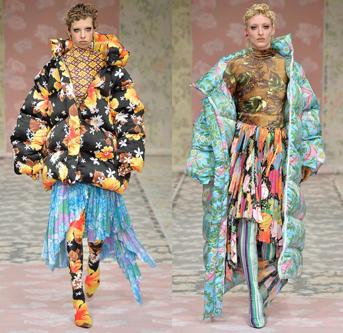 Richard Quinn 2018-2019 Fall Autumn Winter Womens Runway Catwalk Looks - London Fashion Week Collections UK - Metallic Foil Oversized Ball Gown Eveningwear Zippers Polka Dots Tie Up Knot Silk Satin Mix Flowers Floral Sheer Chiffon Drapery Ruffles Stripes Parka Cape Motorcycle Biker Jacket PVC Vinyl Quilted Puffer Down Bubble Coat Turtleneck Wide Sleeves Strapless Frankenstein Shoulders Halterneck Accordion Pleats Asymmetrical Leggings Wide Leg Helmet Mask Headwrap Scarf Wrap Boots Arm Warmers