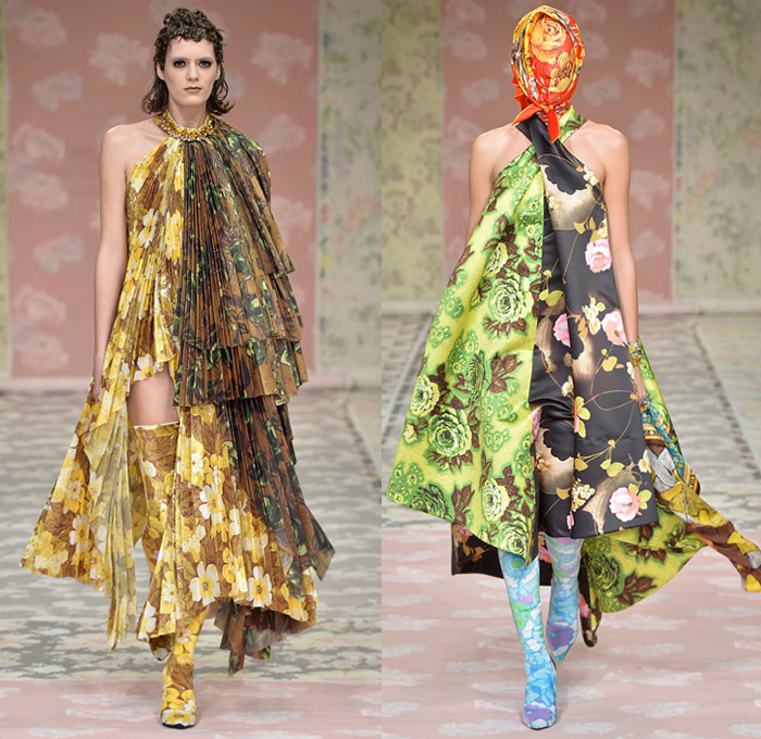 Richard Quinn 2018-2019 Fall Autumn Winter Womens Runway Catwalk Looks - London Fashion Week Collections UK - Metallic Foil Oversized Ball Gown Eveningwear Zippers Polka Dots Tie Up Knot Silk Satin Mix Flowers Floral Sheer Chiffon Drapery Ruffles Stripes Parka Cape Motorcycle Biker Jacket PVC Vinyl Quilted Puffer Down Bubble Coat Turtleneck Wide Sleeves Strapless Frankenstein Shoulders Halterneck Accordion Pleats Asymmetrical Leggings Wide Leg Helmet Mask Headwrap Scarf Wrap Boots Arm Warmers