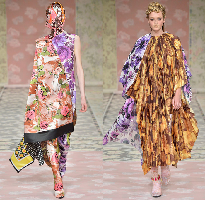 Richard Quinn 2018-2019 Fall Autumn Winter Womens Runway Catwalk Looks - London Fashion Week Collections UK - Metallic Foil Oversized Ball Gown Eveningwear Zippers Polka Dots Tie Up Knot Silk Satin Mix Flowers Floral Sheer Chiffon Drapery Ruffles Stripes Parka Cape Motorcycle Biker Jacket PVC Vinyl Quilted Puffer Down Bubble Coat Turtleneck Wide Sleeves Strapless Frankenstein Shoulders Halterneck Accordion Pleats Asymmetrical Leggings Wide Leg Helmet Mask Headwrap Scarf Wrap Boots Arm Warmers