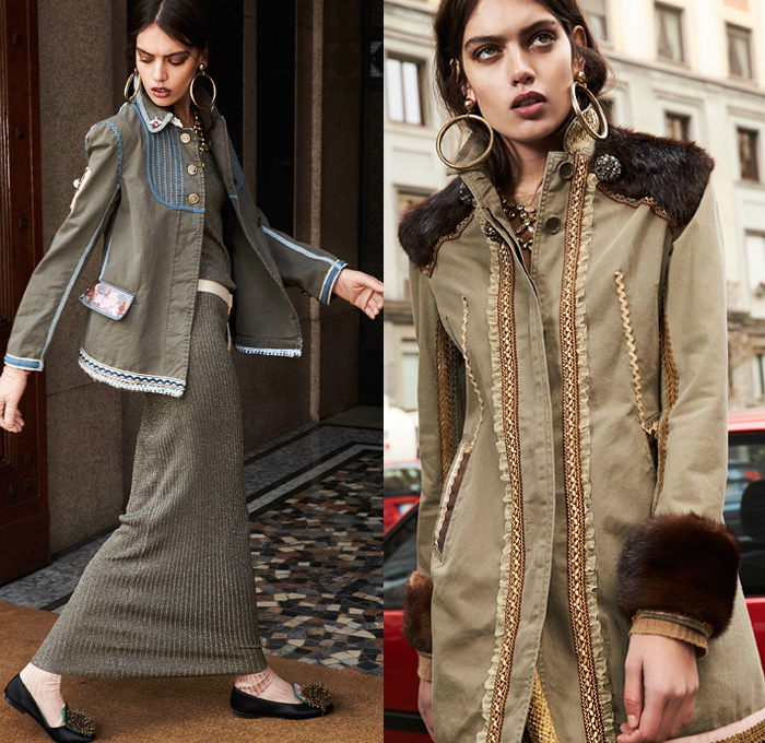 Rossella Jardini 2018-2019 Fall Autumn Winter Womens Lookbook Presentation - Milano Moda Donna Milan Fashion Week Italy - Metamorphosis Military Surplus Fatigues Embroidery Decorated Bedazzled Buttons 3D Floral Flowers Weave Ribbons Bow Pearls Brooch Canvas Lace Knit Rope Patches Tassels Plaid Houndstooth Ruffles Cargo Pockets Chambray Fur Shearling Coat Field Jacket Peacoat Blouse Tuxedo Stripe Wide Leg Pants Miniskirt Gloves Pussycat Bow Trainers Sunglasses Bandanna Loop Earrings Necklace