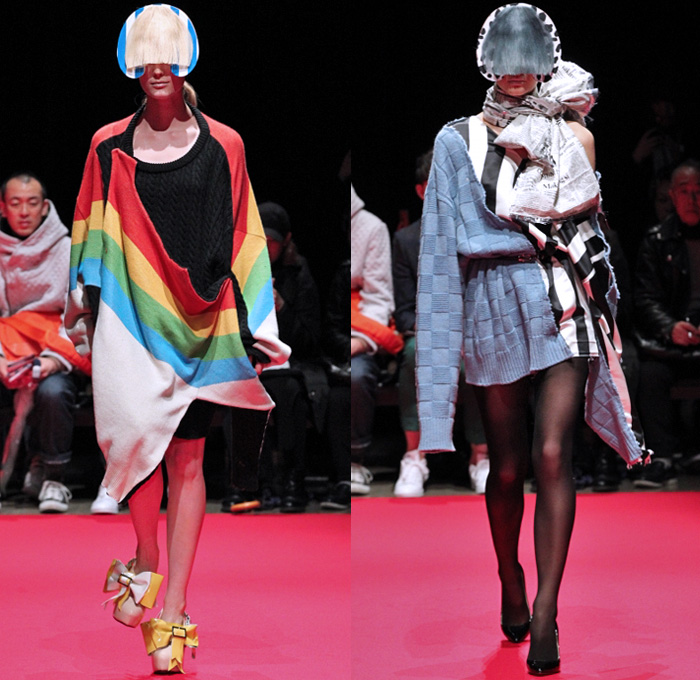 RYOTAMURAKAMI 2018-2019 Fall Winter Womens Runway Catwalk Looks - Amazon Fashion Week Tokyo Japan AmazonFWT - Bob Hairstyle Stars Puppy Dog Graphic Ruffles Stripes Tie Up Knot Ribbon Check Fringes Half Split Hybrid Combo Panel Outerwear Coat Kimono Tunic Sleeveless Crop Top Cutout Shoulders Unitard Asymmetrical Hem Silk Satin Dress Chunky Crochet Weave Knit Turtleneck Sweaterdress Slit Trench Skirt Stockings Tights Opera Gloves Silver Thigh High Boots Platform Shoes Boxy Handbag