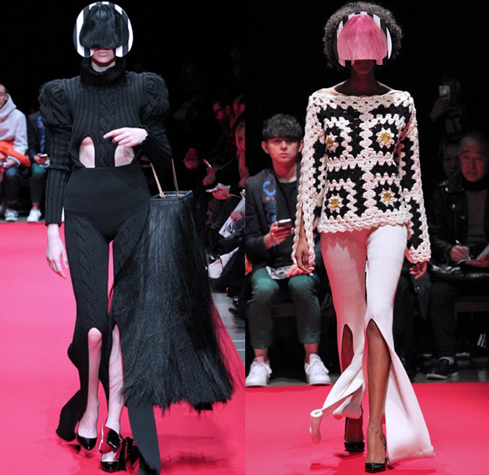 RYOTAMURAKAMI 2018-2019 Fall Winter Womens Runway Catwalk Looks - Amazon Fashion Week Tokyo Japan AmazonFWT - Bob Hairstyle Stars Puppy Dog Graphic Ruffles Stripes Tie Up Knot Ribbon Check Fringes Half Split Hybrid Combo Panel Outerwear Coat Kimono Tunic Sleeveless Crop Top Cutout Shoulders Unitard Asymmetrical Hem Silk Satin Dress Chunky Crochet Weave Knit Turtleneck Sweaterdress Slit Trench Skirt Stockings Tights Opera Gloves Silver Thigh High Boots Platform Shoes Boxy Handbag