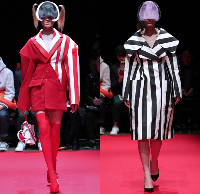 RYOTAMURAKAMI 2018-2019 Fall Winter Womens Runway Catwalk Looks - Amazon Fashion Week Tokyo Japan AmazonFWT - Bob Hairstyle Stars Puppy Dog Graphic Ruffles Stripes Tie Up Knot Ribbon Check Fringes Half Split Hybrid Combo Panel Outerwear Coat Kimono Tunic Sleeveless Crop Top Cutout Shoulders Unitard Asymmetrical Hem Silk Satin Dress Chunky Crochet Weave Knit Turtleneck Sweaterdress Slit Trench Skirt Stockings Tights Opera Gloves Silver Thigh High Boots Platform Shoes Boxy Handbag