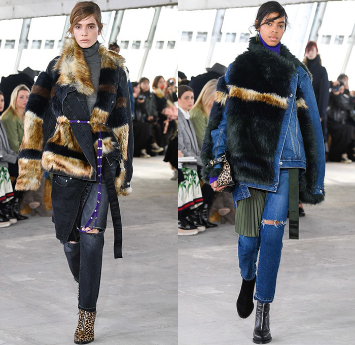 Sacai by Chitose Abe 2018-2019 Fall Autumn Winter Womens Runway Catwalk Looks - Mode à Paris Fashion Week France - Denim Jeans Plush Fur Deconstructed Hybrid Combo Panel Stripes Accordion Pleats Straps Half Split Mix Mash Up Tribal Ethnic Eagle Deer Zebra Fringes Chiffon Plaid Tartan Check Satin Colorblock Trench Coat Parka Bomber Jacket Blazer Quilted Puffer Long Sleeve Blouse Shirt Knit Sweater Turtleneck Sleepwear Lounge Dress Skirt Leggings Tights Leopard Boots Handbag Tote Clutch Gloves