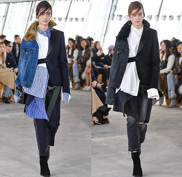 Sacai by Chitose Abe 2018-2019 Fall Autumn Winter Womens Runway Catwalk Looks - Mode à Paris Fashion Week France - Denim Jeans Plush Fur Deconstructed Hybrid Combo Panel Stripes Accordion Pleats Straps Half Split Mix Mash Up Tribal Ethnic Eagle Deer Zebra Fringes Chiffon Plaid Tartan Check Satin Colorblock Trench Coat Parka Bomber Jacket Blazer Quilted Puffer Long Sleeve Blouse Shirt Knit Sweater Turtleneck Sleepwear Lounge Dress Skirt Leggings Tights Leopard Boots Handbag Tote Clutch Gloves