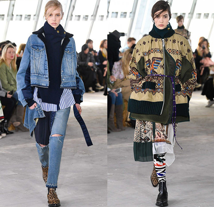 Sacai by Chitose Abe 2018-2019 Fall Autumn Winter Womens Runway Catwalk Looks - Mode à Paris Fashion Week France - Denim Jeans Plush Fur Deconstructed Hybrid Combo Panel Stripes Accordion Pleats Straps Half Split Mix Mash Up Tribal Ethnic Eagle Deer Zebra Fringes Chiffon Plaid Tartan Check Satin Colorblock Trench Coat Parka Bomber Jacket Blazer Quilted Puffer Long Sleeve Blouse Shirt Knit Sweater Turtleneck Sleepwear Lounge Dress Skirt Leggings Tights Leopard Boots Handbag Tote Clutch Gloves