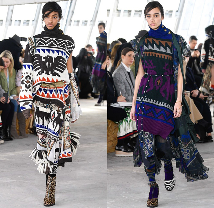 Sacai by Chitose Abe 2018-2019 Fall Autumn Winter Womens Runway Catwalk Looks - Mode à Paris Fashion Week France - Denim Jeans Plush Fur Deconstructed Hybrid Combo Panel Stripes Accordion Pleats Straps Half Split Mix Mash Up Tribal Ethnic Eagle Deer Zebra Fringes Chiffon Plaid Tartan Check Satin Colorblock Trench Coat Parka Bomber Jacket Blazer Quilted Puffer Long Sleeve Blouse Shirt Knit Sweater Turtleneck Sleepwear Lounge Dress Skirt Leggings Tights Leopard Boots Handbag Tote Clutch Gloves