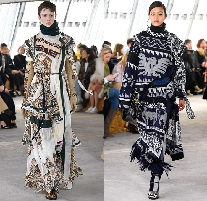 Sacai by Chitose Abe 2018-2019 Fall Autumn Winter Womens Runway Catwalk Looks - Mode à Paris Fashion Week France - Denim Jeans Plush Fur Deconstructed Hybrid Combo Panel Stripes Accordion Pleats Straps Half Split Mix Mash Up Tribal Ethnic Eagle Deer Zebra Fringes Chiffon Plaid Tartan Check Satin Colorblock Trench Coat Parka Bomber Jacket Blazer Quilted Puffer Long Sleeve Blouse Shirt Knit Sweater Turtleneck Sleepwear Lounge Dress Skirt Leggings Tights Leopard Boots Handbag Tote Clutch Gloves