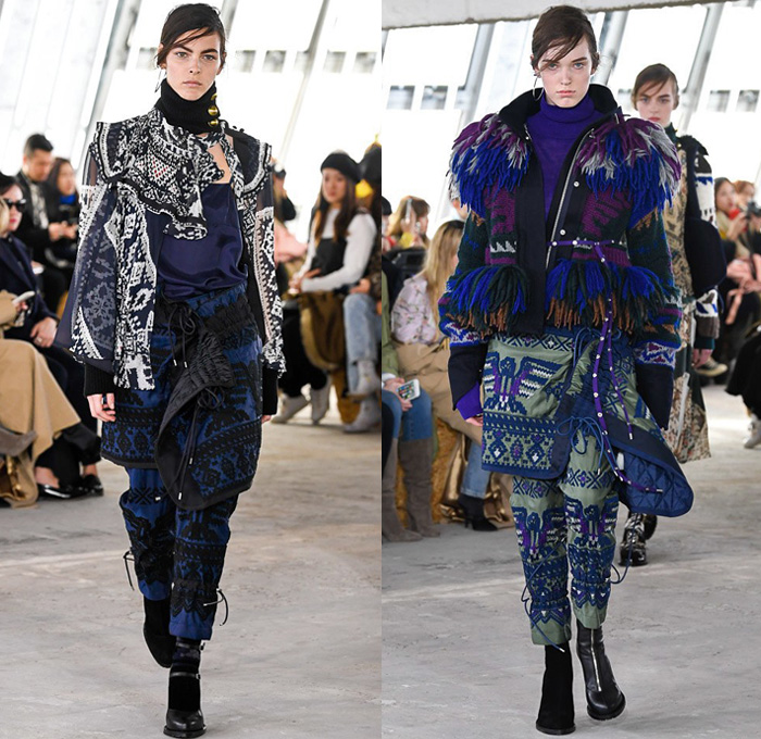 Sacai by Chitose Abe 2018-2019 Fall Autumn Winter Womens Runway Catwalk Looks - Mode à Paris Fashion Week France - Denim Jeans Plush Fur Deconstructed Hybrid Combo Panel Stripes Accordion Pleats Straps Half Split Mix Mash Up Tribal Ethnic Eagle Deer Zebra Fringes Chiffon Plaid Tartan Check Satin Colorblock Trench Coat Parka Bomber Jacket Blazer Quilted Puffer Long Sleeve Blouse Shirt Knit Sweater Turtleneck Sleepwear Lounge Dress Skirt Leggings Tights Leopard Boots Handbag Tote Clutch Gloves