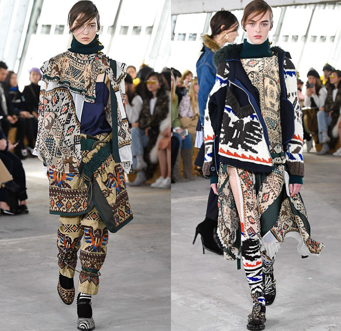 Sacai by Chitose Abe 2018-2019 Fall Autumn Winter Womens Runway Catwalk Looks - Mode à Paris Fashion Week France - Denim Jeans Plush Fur Deconstructed Hybrid Combo Panel Stripes Accordion Pleats Straps Half Split Mix Mash Up Tribal Ethnic Eagle Deer Zebra Fringes Chiffon Plaid Tartan Check Satin Colorblock Trench Coat Parka Bomber Jacket Blazer Quilted Puffer Long Sleeve Blouse Shirt Knit Sweater Turtleneck Sleepwear Lounge Dress Skirt Leggings Tights Leopard Boots Handbag Tote Clutch Gloves