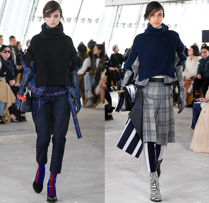 Sacai by Chitose Abe 2018-2019 Fall Autumn Winter Womens Runway Catwalk Looks - Mode à Paris Fashion Week France - Denim Jeans Plush Fur Deconstructed Hybrid Combo Panel Stripes Accordion Pleats Straps Half Split Mix Mash Up Tribal Ethnic Eagle Deer Zebra Fringes Chiffon Plaid Tartan Check Satin Colorblock Trench Coat Parka Bomber Jacket Blazer Quilted Puffer Long Sleeve Blouse Shirt Knit Sweater Turtleneck Sleepwear Lounge Dress Skirt Leggings Tights Leopard Boots Handbag Tote Clutch Gloves