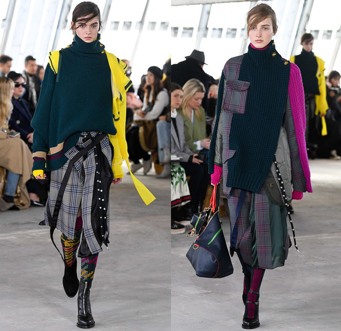 Sacai by Chitose Abe 2018-2019 Fall Autumn Winter Womens Runway Catwalk Looks - Mode à Paris Fashion Week France - Denim Jeans Plush Fur Deconstructed Hybrid Combo Panel Stripes Accordion Pleats Straps Half Split Mix Mash Up Tribal Ethnic Eagle Deer Zebra Fringes Chiffon Plaid Tartan Check Satin Colorblock Trench Coat Parka Bomber Jacket Blazer Quilted Puffer Long Sleeve Blouse Shirt Knit Sweater Turtleneck Sleepwear Lounge Dress Skirt Leggings Tights Leopard Boots Handbag Tote Clutch Gloves