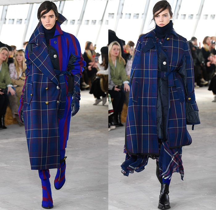 Sacai by Chitose Abe 2018-2019 Fall Autumn Winter Womens Runway Catwalk Looks - Mode à Paris Fashion Week France - Denim Jeans Plush Fur Deconstructed Hybrid Combo Panel Stripes Accordion Pleats Straps Half Split Mix Mash Up Tribal Ethnic Eagle Deer Zebra Fringes Chiffon Plaid Tartan Check Satin Colorblock Trench Coat Parka Bomber Jacket Blazer Quilted Puffer Long Sleeve Blouse Shirt Knit Sweater Turtleneck Sleepwear Lounge Dress Skirt Leggings Tights Leopard Boots Handbag Tote Clutch Gloves