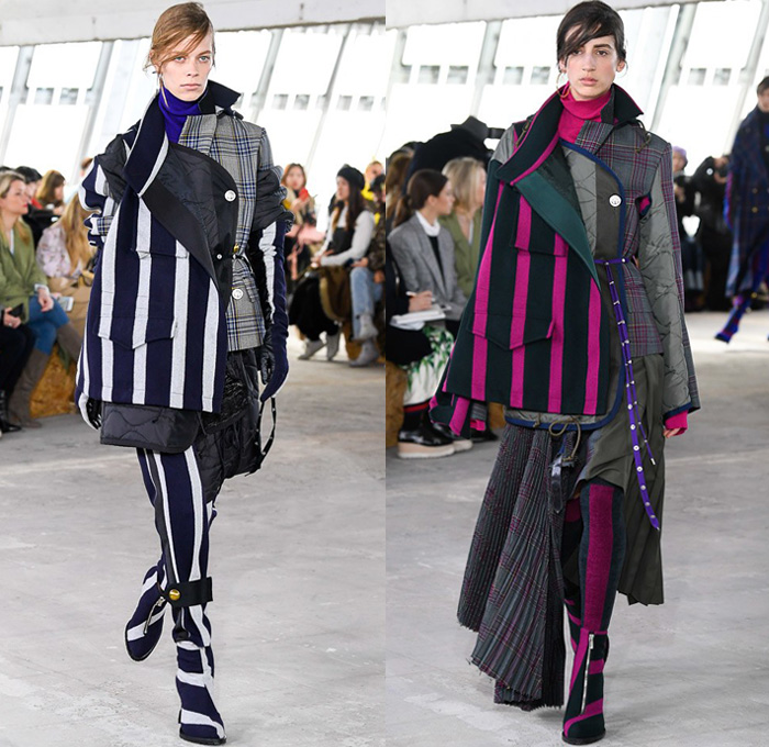 Sacai by Chitose Abe 2018-2019 Fall Autumn Winter Womens Runway Catwalk Looks - Mode à Paris Fashion Week France - Denim Jeans Plush Fur Deconstructed Hybrid Combo Panel Stripes Accordion Pleats Straps Half Split Mix Mash Up Tribal Ethnic Eagle Deer Zebra Fringes Chiffon Plaid Tartan Check Satin Colorblock Trench Coat Parka Bomber Jacket Blazer Quilted Puffer Long Sleeve Blouse Shirt Knit Sweater Turtleneck Sleepwear Lounge Dress Skirt Leggings Tights Leopard Boots Handbag Tote Clutch Gloves