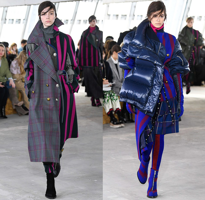 Sacai by Chitose Abe 2018-2019 Fall Autumn Winter Womens Runway Catwalk Looks - Mode à Paris Fashion Week France - Denim Jeans Plush Fur Deconstructed Hybrid Combo Panel Stripes Accordion Pleats Straps Half Split Mix Mash Up Tribal Ethnic Eagle Deer Zebra Fringes Chiffon Plaid Tartan Check Satin Colorblock Trench Coat Parka Bomber Jacket Blazer Quilted Puffer Long Sleeve Blouse Shirt Knit Sweater Turtleneck Sleepwear Lounge Dress Skirt Leggings Tights Leopard Boots Handbag Tote Clutch Gloves