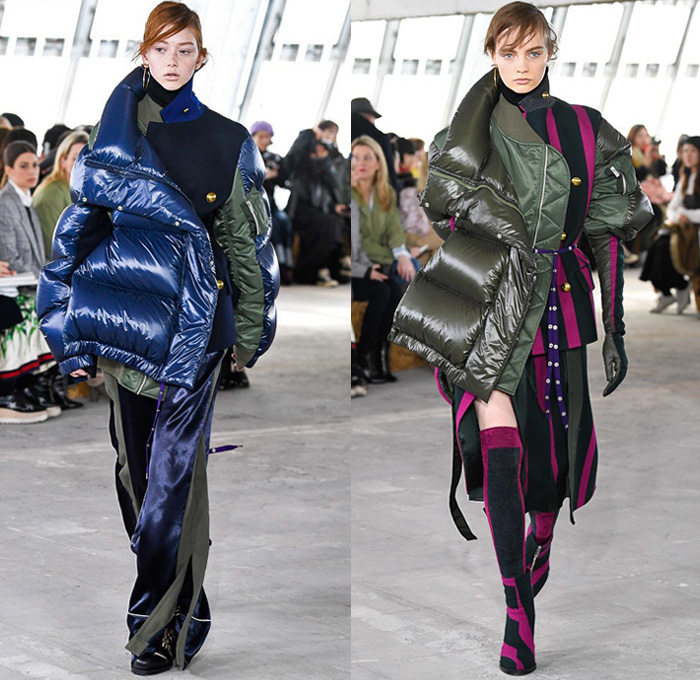 Sacai by Chitose Abe 2018-2019 Fall Autumn Winter Womens Runway Catwalk Looks - Mode à Paris Fashion Week France - Denim Jeans Plush Fur Deconstructed Hybrid Combo Panel Stripes Accordion Pleats Straps Half Split Mix Mash Up Tribal Ethnic Eagle Deer Zebra Fringes Chiffon Plaid Tartan Check Satin Colorblock Trench Coat Parka Bomber Jacket Blazer Quilted Puffer Long Sleeve Blouse Shirt Knit Sweater Turtleneck Sleepwear Lounge Dress Skirt Leggings Tights Leopard Boots Handbag Tote Clutch Gloves