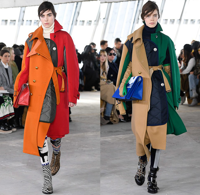 Sacai by Chitose Abe 2018-2019 Fall Autumn Winter Womens Runway Catwalk Looks - Mode à Paris Fashion Week France - Denim Jeans Plush Fur Deconstructed Hybrid Combo Panel Stripes Accordion Pleats Straps Half Split Mix Mash Up Tribal Ethnic Eagle Deer Zebra Fringes Chiffon Plaid Tartan Check Satin Colorblock Trench Coat Parka Bomber Jacket Blazer Quilted Puffer Long Sleeve Blouse Shirt Knit Sweater Turtleneck Sleepwear Lounge Dress Skirt Leggings Tights Leopard Boots Handbag Tote Clutch Gloves