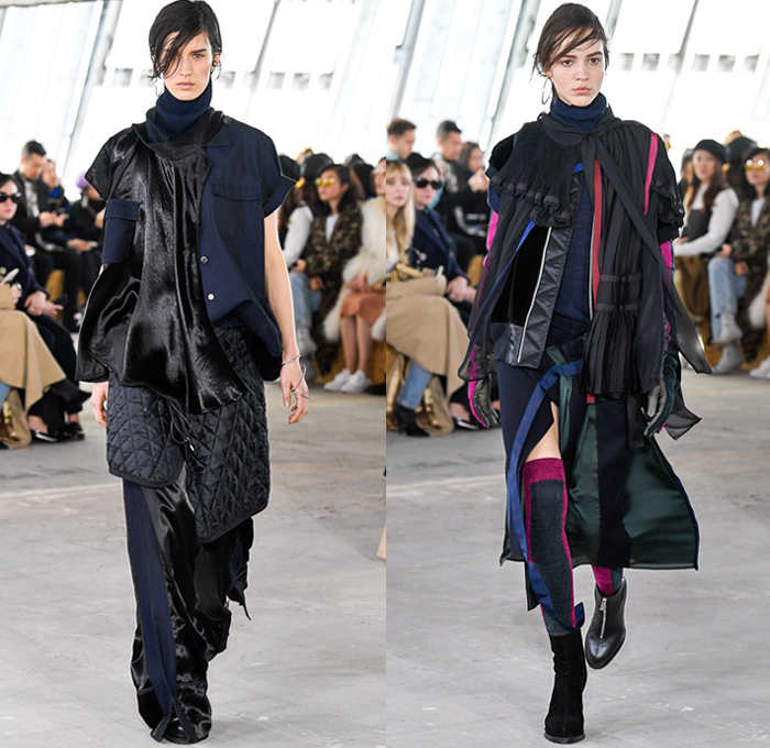 Sacai by Chitose Abe 2018-2019 Fall Autumn Winter Womens Runway Catwalk Looks - Mode à Paris Fashion Week France - Denim Jeans Plush Fur Deconstructed Hybrid Combo Panel Stripes Accordion Pleats Straps Half Split Mix Mash Up Tribal Ethnic Eagle Deer Zebra Fringes Chiffon Plaid Tartan Check Satin Colorblock Trench Coat Parka Bomber Jacket Blazer Quilted Puffer Long Sleeve Blouse Shirt Knit Sweater Turtleneck Sleepwear Lounge Dress Skirt Leggings Tights Leopard Boots Handbag Tote Clutch Gloves