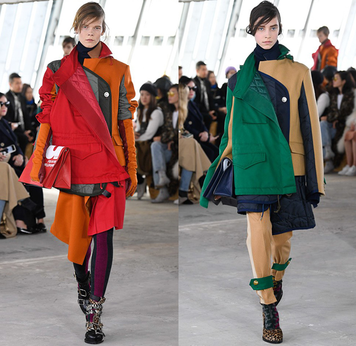 Sacai by Chitose Abe 2018-2019 Fall Autumn Winter Womens Runway Catwalk Looks - Mode à Paris Fashion Week France - Denim Jeans Plush Fur Deconstructed Hybrid Combo Panel Stripes Accordion Pleats Straps Half Split Mix Mash Up Tribal Ethnic Eagle Deer Zebra Fringes Chiffon Plaid Tartan Check Satin Colorblock Trench Coat Parka Bomber Jacket Blazer Quilted Puffer Long Sleeve Blouse Shirt Knit Sweater Turtleneck Sleepwear Lounge Dress Skirt Leggings Tights Leopard Boots Handbag Tote Clutch Gloves