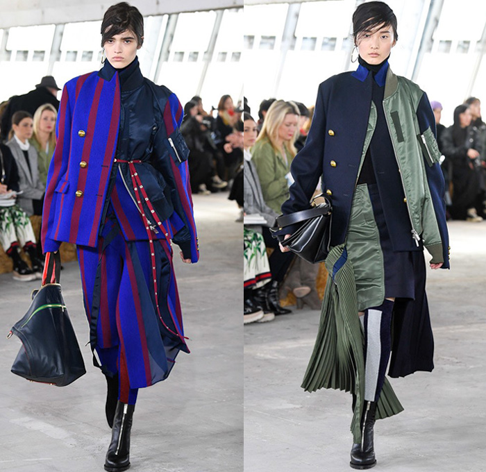 Sacai by Chitose Abe 2018-2019 Fall Autumn Winter Womens Runway Catwalk Looks - Mode à Paris Fashion Week France - Denim Jeans Plush Fur Deconstructed Hybrid Combo Panel Stripes Accordion Pleats Straps Half Split Mix Mash Up Tribal Ethnic Eagle Deer Zebra Fringes Chiffon Plaid Tartan Check Satin Colorblock Trench Coat Parka Bomber Jacket Blazer Quilted Puffer Long Sleeve Blouse Shirt Knit Sweater Turtleneck Sleepwear Lounge Dress Skirt Leggings Tights Leopard Boots Handbag Tote Clutch Gloves