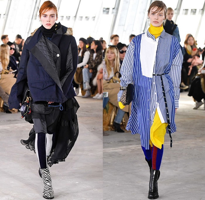 Sacai by Chitose Abe 2018-2019 Fall Autumn Winter Womens Runway Catwalk Looks - Mode à Paris Fashion Week France - Denim Jeans Plush Fur Deconstructed Hybrid Combo Panel Stripes Accordion Pleats Straps Half Split Mix Mash Up Tribal Ethnic Eagle Deer Zebra Fringes Chiffon Plaid Tartan Check Satin Colorblock Trench Coat Parka Bomber Jacket Blazer Quilted Puffer Long Sleeve Blouse Shirt Knit Sweater Turtleneck Sleepwear Lounge Dress Skirt Leggings Tights Leopard Boots Handbag Tote Clutch Gloves