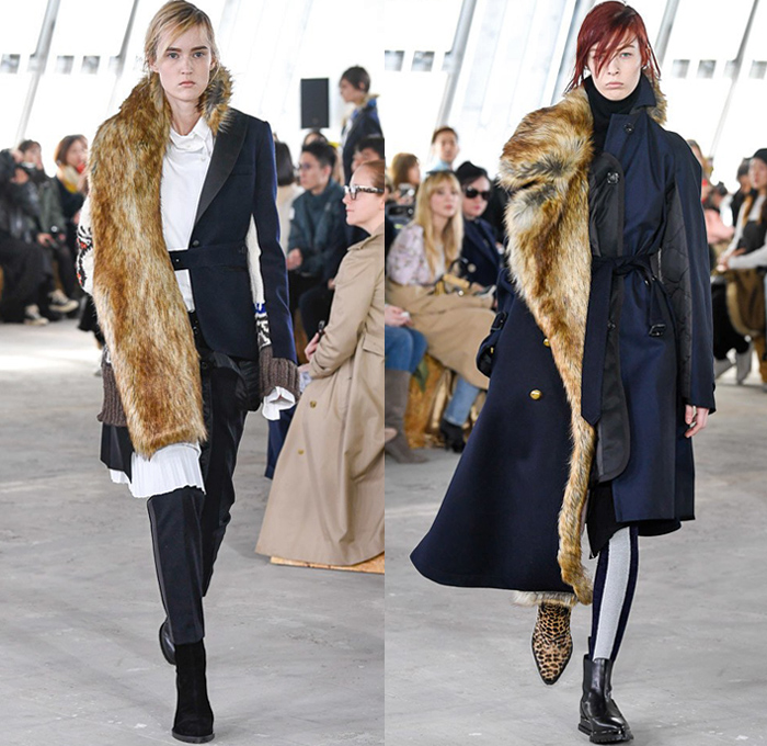 Sacai by Chitose Abe 2018-2019 Fall Autumn Winter Womens Runway Catwalk Looks - Mode à Paris Fashion Week France - Denim Jeans Plush Fur Deconstructed Hybrid Combo Panel Stripes Accordion Pleats Straps Half Split Mix Mash Up Tribal Ethnic Eagle Deer Zebra Fringes Chiffon Plaid Tartan Check Satin Colorblock Trench Coat Parka Bomber Jacket Blazer Quilted Puffer Long Sleeve Blouse Shirt Knit Sweater Turtleneck Sleepwear Lounge Dress Skirt Leggings Tights Leopard Boots Handbag Tote Clutch Gloves