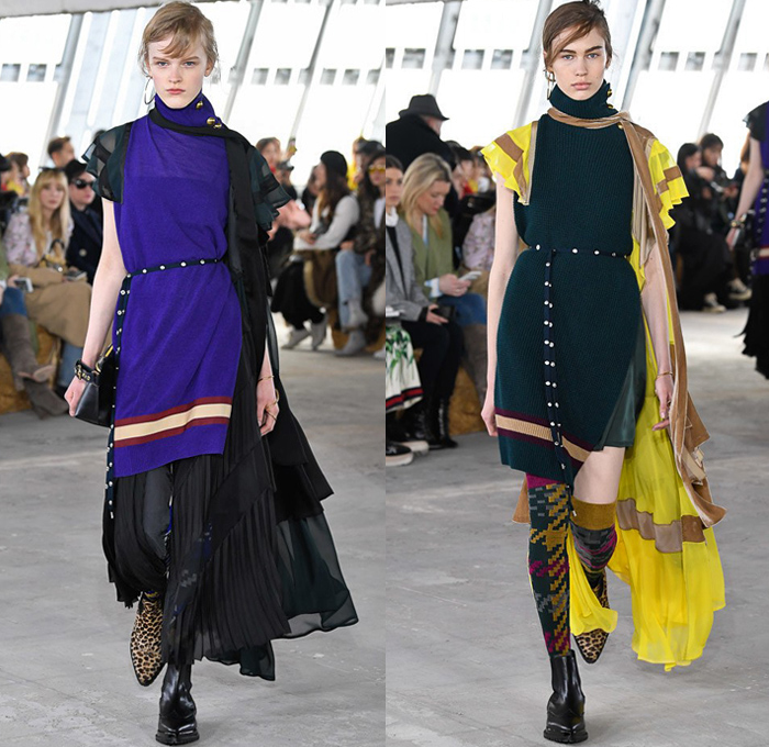 Sacai by Chitose Abe 2018-2019 Fall Autumn Winter Womens Runway Catwalk Looks - Mode à Paris Fashion Week France - Denim Jeans Plush Fur Deconstructed Hybrid Combo Panel Stripes Accordion Pleats Straps Half Split Mix Mash Up Tribal Ethnic Eagle Deer Zebra Fringes Chiffon Plaid Tartan Check Satin Colorblock Trench Coat Parka Bomber Jacket Blazer Quilted Puffer Long Sleeve Blouse Shirt Knit Sweater Turtleneck Sleepwear Lounge Dress Skirt Leggings Tights Leopard Boots Handbag Tote Clutch Gloves