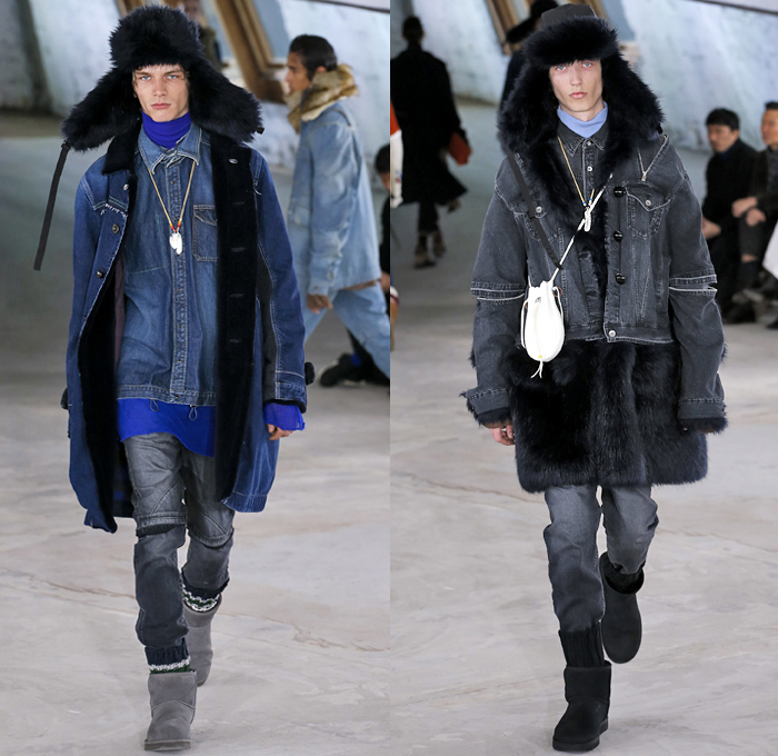 Sacai by Chitose Abe 2018-2019 Fall Autumn Winter Mens Runway Show Catwalk Looks - Mode à Paris Fashion Week Mode Masculine France - Denim Jeans Coat Parka Turtleneck Plush Fur Knit Sweater Cardigan Field Aviator Jacket Outdoorsman Zippers Hybrid Combo Panel Decorative Art Tribal Geometric Zigzag Camouflage Fringes Flowers Floral Plaid Tartan Herringbone Check Straps Belts Nylon Patchwork Layers Slim Trousers Cargo Pockets Socks Suede Boots Russian Fur Hat Ushanka Pouch Sack Crossbody Satchel