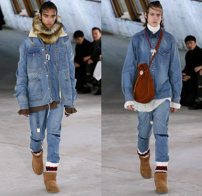 Sacai by Chitose Abe 2018-2019 Fall Autumn Winter Mens Runway Show Catwalk Looks - Mode à Paris Fashion Week Mode Masculine France - Denim Jeans Coat Parka Turtleneck Plush Fur Knit Sweater Cardigan Field Aviator Jacket Outdoorsman Zippers Hybrid Combo Panel Decorative Art Tribal Geometric Zigzag Camouflage Fringes Flowers Floral Plaid Tartan Herringbone Check Straps Belts Nylon Patchwork Layers Slim Trousers Cargo Pockets Socks Suede Boots Russian Fur Hat Ushanka Pouch Sack Crossbody Satchel