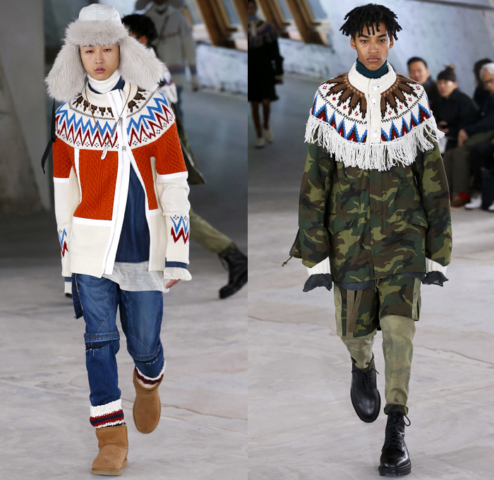 Sacai by Chitose Abe 2018-2019 Fall Autumn Winter Mens Runway Show Catwalk Looks - Mode à Paris Fashion Week Mode Masculine France - Denim Jeans Coat Parka Turtleneck Plush Fur Knit Sweater Cardigan Field Aviator Jacket Outdoorsman Zippers Hybrid Combo Panel Decorative Art Tribal Geometric Zigzag Camouflage Fringes Flowers Floral Plaid Tartan Herringbone Check Straps Belts Nylon Patchwork Layers Slim Trousers Cargo Pockets Socks Suede Boots Russian Fur Hat Ushanka Pouch Sack Crossbody Satchel