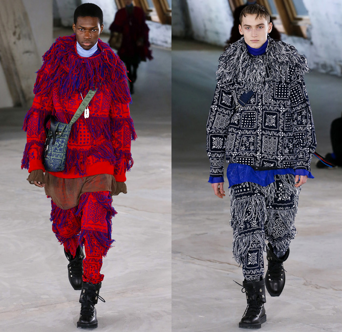 Sacai by Chitose Abe 2018-2019 Fall Autumn Winter Mens Runway Show Catwalk Looks - Mode à Paris Fashion Week Mode Masculine France - Denim Jeans Coat Parka Turtleneck Plush Fur Knit Sweater Cardigan Field Aviator Jacket Outdoorsman Zippers Hybrid Combo Panel Decorative Art Tribal Geometric Zigzag Camouflage Fringes Flowers Floral Plaid Tartan Herringbone Check Straps Belts Nylon Patchwork Layers Slim Trousers Cargo Pockets Socks Suede Boots Russian Fur Hat Ushanka Pouch Sack Crossbody Satchel