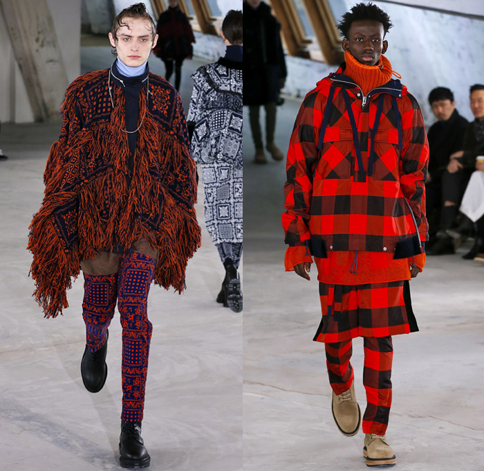 Sacai by Chitose Abe 2018-2019 Fall Autumn Winter Mens Runway Show Catwalk Looks - Mode à Paris Fashion Week Mode Masculine France - Denim Jeans Coat Parka Turtleneck Plush Fur Knit Sweater Cardigan Field Aviator Jacket Outdoorsman Zippers Hybrid Combo Panel Decorative Art Tribal Geometric Zigzag Camouflage Fringes Flowers Floral Plaid Tartan Herringbone Check Straps Belts Nylon Patchwork Layers Slim Trousers Cargo Pockets Socks Suede Boots Russian Fur Hat Ushanka Pouch Sack Crossbody Satchel