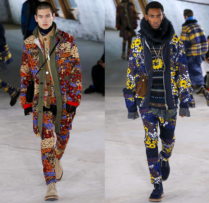 Sacai by Chitose Abe 2018-2019 Fall Autumn Winter Mens Runway Show Catwalk Looks - Mode à Paris Fashion Week Mode Masculine France - Denim Jeans Coat Parka Turtleneck Plush Fur Knit Sweater Cardigan Field Aviator Jacket Outdoorsman Zippers Hybrid Combo Panel Decorative Art Tribal Geometric Zigzag Camouflage Fringes Flowers Floral Plaid Tartan Herringbone Check Straps Belts Nylon Patchwork Layers Slim Trousers Cargo Pockets Socks Suede Boots Russian Fur Hat Ushanka Pouch Sack Crossbody Satchel