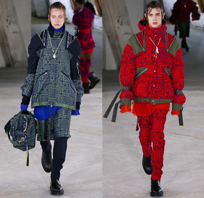 Sacai by Chitose Abe 2018-2019 Fall Autumn Winter Mens Runway Show Catwalk Looks - Mode à Paris Fashion Week Mode Masculine France - Denim Jeans Coat Parka Turtleneck Plush Fur Knit Sweater Cardigan Field Aviator Jacket Outdoorsman Zippers Hybrid Combo Panel Decorative Art Tribal Geometric Zigzag Camouflage Fringes Flowers Floral Plaid Tartan Herringbone Check Straps Belts Nylon Patchwork Layers Slim Trousers Cargo Pockets Socks Suede Boots Russian Fur Hat Ushanka Pouch Sack Crossbody Satchel