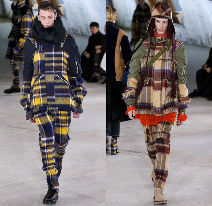 Sacai by Chitose Abe 2018-2019 Fall Autumn Winter Mens Runway Show Catwalk Looks - Mode à Paris Fashion Week Mode Masculine France - Denim Jeans Coat Parka Turtleneck Plush Fur Knit Sweater Cardigan Field Aviator Jacket Outdoorsman Zippers Hybrid Combo Panel Decorative Art Tribal Geometric Zigzag Camouflage Fringes Flowers Floral Plaid Tartan Herringbone Check Straps Belts Nylon Patchwork Layers Slim Trousers Cargo Pockets Socks Suede Boots Russian Fur Hat Ushanka Pouch Sack Crossbody Satchel