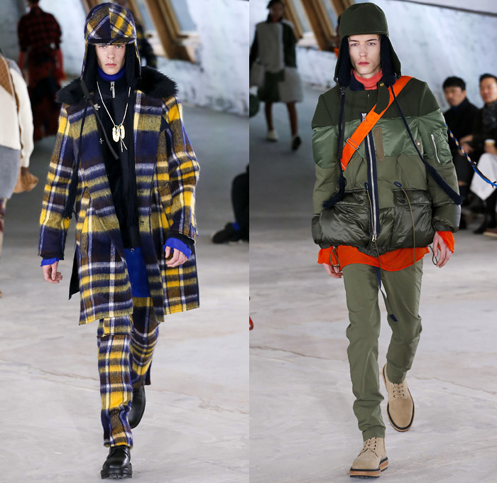 Sacai by Chitose Abe 2018-2019 Fall Autumn Winter Mens Runway Show Catwalk Looks - Mode à Paris Fashion Week Mode Masculine France - Denim Jeans Coat Parka Turtleneck Plush Fur Knit Sweater Cardigan Field Aviator Jacket Outdoorsman Zippers Hybrid Combo Panel Decorative Art Tribal Geometric Zigzag Camouflage Fringes Flowers Floral Plaid Tartan Herringbone Check Straps Belts Nylon Patchwork Layers Slim Trousers Cargo Pockets Socks Suede Boots Russian Fur Hat Ushanka Pouch Sack Crossbody Satchel