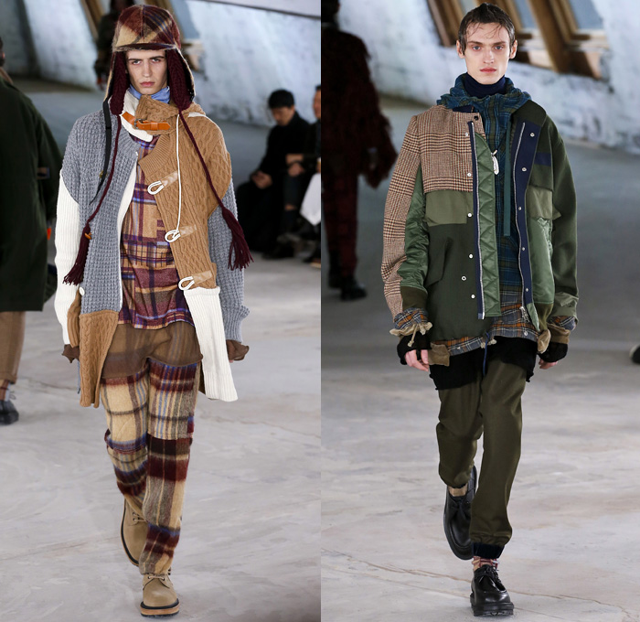 Sacai by Chitose Abe 2018-2019 Fall Autumn Winter Mens Runway Show Catwalk Looks - Mode à Paris Fashion Week Mode Masculine France - Denim Jeans Coat Parka Turtleneck Plush Fur Knit Sweater Cardigan Field Aviator Jacket Outdoorsman Zippers Hybrid Combo Panel Decorative Art Tribal Geometric Zigzag Camouflage Fringes Flowers Floral Plaid Tartan Herringbone Check Straps Belts Nylon Patchwork Layers Slim Trousers Cargo Pockets Socks Suede Boots Russian Fur Hat Ushanka Pouch Sack Crossbody Satchel