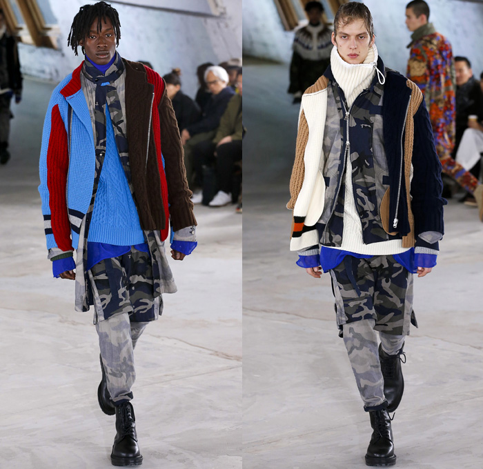 Sacai by Chitose Abe 2018-2019 Fall Autumn Winter Mens Runway Show Catwalk Looks - Mode à Paris Fashion Week Mode Masculine France - Denim Jeans Coat Parka Turtleneck Plush Fur Knit Sweater Cardigan Field Aviator Jacket Outdoorsman Zippers Hybrid Combo Panel Decorative Art Tribal Geometric Zigzag Camouflage Fringes Flowers Floral Plaid Tartan Herringbone Check Straps Belts Nylon Patchwork Layers Slim Trousers Cargo Pockets Socks Suede Boots Russian Fur Hat Ushanka Pouch Sack Crossbody Satchel