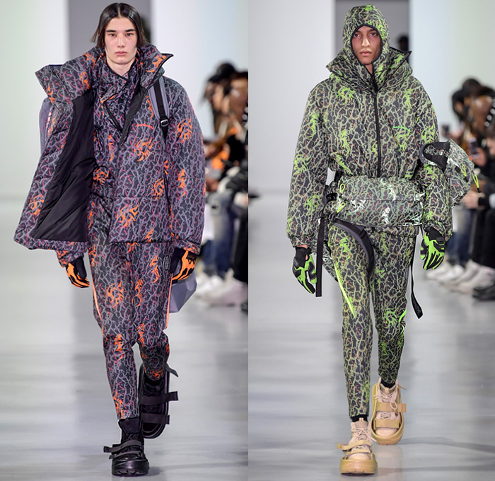 Sankuanz 2018-2019 Fall Autumn Winter Mens Runway Show Catwalk Looks - Mode à Paris Fashion Week Mode Masculine France - Post-Apocalyptic Survivalism Kill The Wall Utilitarian Technical Fabrics Reflective Panels Dystopian Streetwear Urban Vines Nylon Cargo Pockets PVC Vinyl Plaid Check Wrinkles Creases Metallic Foil Coat Parka Field Jacket Quilted Waffle Anorak Sweater Gloves Backpack Fanny Pack Waist Pouch Belt Bag Baseball Cap Sack Tote Mask Scarf Boots Strapped On Sandals