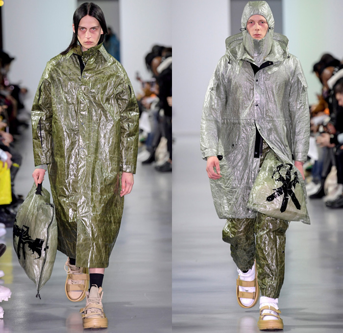 Sankuanz 2018-2019 Fall Autumn Winter Mens Runway Show Catwalk Looks - Mode à Paris Fashion Week Mode Masculine France - Post-Apocalyptic Survivalism Kill The Wall Utilitarian Technical Fabrics Reflective Panels Dystopian Streetwear Urban Vines Nylon Cargo Pockets PVC Vinyl Plaid Check Wrinkles Creases Metallic Foil Coat Parka Field Jacket Quilted Waffle Anorak Sweater Gloves Backpack Fanny Pack Waist Pouch Belt Bag Baseball Cap Sack Tote Mask Scarf Boots Strapped On Sandals