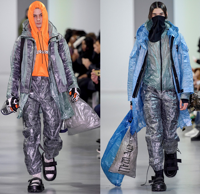 Sankuanz 2018-2019 Fall Autumn Winter Mens Runway Show Catwalk Looks - Mode à Paris Fashion Week Mode Masculine France - Post-Apocalyptic Survivalism Kill The Wall Utilitarian Technical Fabrics Reflective Panels Dystopian Streetwear Urban Vines Nylon Cargo Pockets PVC Vinyl Plaid Check Wrinkles Creases Metallic Foil Coat Parka Field Jacket Quilted Waffle Anorak Sweater Gloves Backpack Fanny Pack Waist Pouch Belt Bag Baseball Cap Sack Tote Mask Scarf Boots Strapped On Sandals