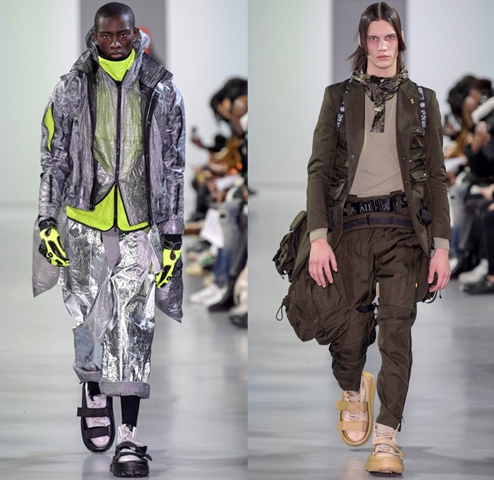 Sankuanz 2018-2019 Fall Autumn Winter Mens Runway Show Catwalk Looks - Mode à Paris Fashion Week Mode Masculine France - Post-Apocalyptic Survivalism Kill The Wall Utilitarian Technical Fabrics Reflective Panels Dystopian Streetwear Urban Vines Nylon Cargo Pockets PVC Vinyl Plaid Check Wrinkles Creases Metallic Foil Coat Parka Field Jacket Quilted Waffle Anorak Sweater Gloves Backpack Fanny Pack Waist Pouch Belt Bag Baseball Cap Sack Tote Mask Scarf Boots Strapped On Sandals