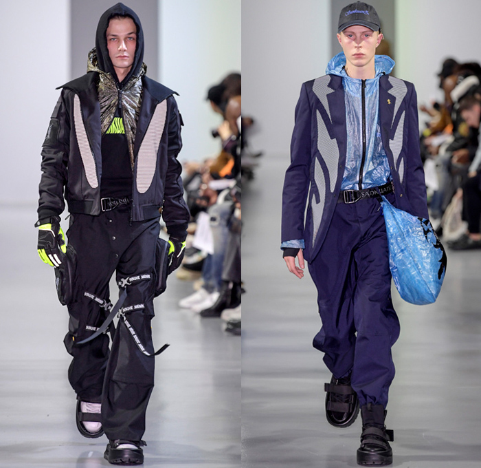 Sankuanz 2018-2019 Fall Autumn Winter Mens Runway Show Catwalk Looks - Mode à Paris Fashion Week Mode Masculine France - Post-Apocalyptic Survivalism Kill The Wall Utilitarian Technical Fabrics Reflective Panels Dystopian Streetwear Urban Vines Nylon Cargo Pockets PVC Vinyl Plaid Check Wrinkles Creases Metallic Foil Coat Parka Field Jacket Quilted Waffle Anorak Sweater Gloves Backpack Fanny Pack Waist Pouch Belt Bag Baseball Cap Sack Tote Mask Scarf Boots Strapped On Sandals