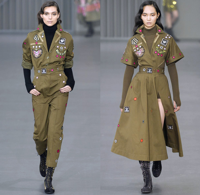 Temperley London 2018-2019 Fall Autumn Winter Womens Runway Catwalk Looks - London Fashion Week Collections UK - Trail Blazers 1940s Forties Aviator Pilot Military Badges Patches Khaki Fatigues Sheer Chiffon Tulle Geometric Ribbon Embroidery Bedazzled Sequins Clouds Stars Stripes Mesh Fishnet Silk Satin Fur Shearling Quilted Waffle Overcoat Kimono Blouse Shirt Turtleneck Sweater Field Flight Jacket Pantsuit Maxi Dress Gown Eveningwear Wide Leg Cutout Shoulders Combat Boots Wide Belt