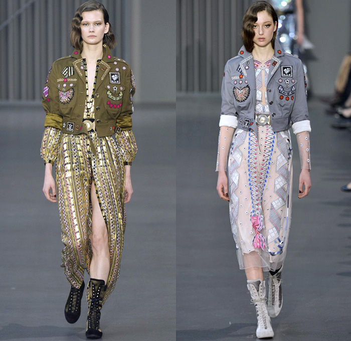 Temperley London 2018-2019 Fall Autumn Winter Womens Runway Catwalk Looks - London Fashion Week Collections UK - Trail Blazers 1940s Forties Aviator Pilot Military Badges Patches Khaki Fatigues Sheer Chiffon Tulle Geometric Ribbon Embroidery Bedazzled Sequins Clouds Stars Stripes Mesh Fishnet Silk Satin Fur Shearling Quilted Waffle Overcoat Kimono Blouse Shirt Turtleneck Sweater Field Flight Jacket Pantsuit Maxi Dress Gown Eveningwear Wide Leg Cutout Shoulders Combat Boots Wide Belt