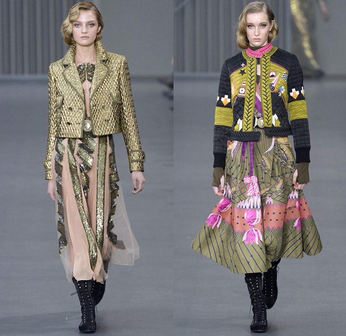 Temperley London 2018-2019 Fall Autumn Winter Womens Runway Catwalk Looks - London Fashion Week Collections UK - Trail Blazers 1940s Forties Aviator Pilot Military Badges Patches Khaki Fatigues Sheer Chiffon Tulle Geometric Ribbon Embroidery Bedazzled Sequins Clouds Stars Stripes Mesh Fishnet Silk Satin Fur Shearling Quilted Waffle Overcoat Kimono Blouse Shirt Turtleneck Sweater Field Flight Jacket Pantsuit Maxi Dress Gown Eveningwear Wide Leg Cutout Shoulders Combat Boots Wide Belt