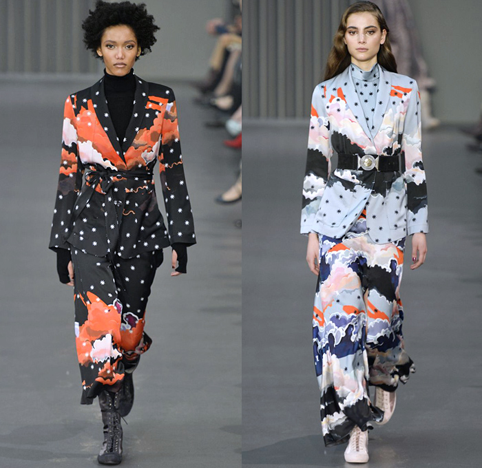 Temperley London 2018-2019 Fall Autumn Winter Womens Runway Catwalk Looks - London Fashion Week Collections UK - Trail Blazers 1940s Forties Aviator Pilot Military Badges Patches Khaki Fatigues Sheer Chiffon Tulle Geometric Ribbon Embroidery Bedazzled Sequins Clouds Stars Stripes Mesh Fishnet Silk Satin Fur Shearling Quilted Waffle Overcoat Kimono Blouse Shirt Turtleneck Sweater Field Flight Jacket Pantsuit Maxi Dress Gown Eveningwear Wide Leg Cutout Shoulders Combat Boots Wide Belt