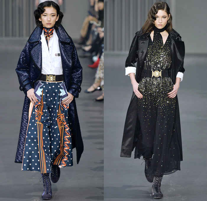 Temperley London 2018-2019 Fall Autumn Winter Womens Runway Catwalk Looks - London Fashion Week Collections UK - Trail Blazers 1940s Forties Aviator Pilot Military Badges Patches Khaki Fatigues Sheer Chiffon Tulle Geometric Ribbon Embroidery Bedazzled Sequins Clouds Stars Stripes Mesh Fishnet Silk Satin Fur Shearling Quilted Waffle Overcoat Kimono Blouse Shirt Turtleneck Sweater Field Flight Jacket Pantsuit Maxi Dress Gown Eveningwear Wide Leg Cutout Shoulders Combat Boots Wide Belt